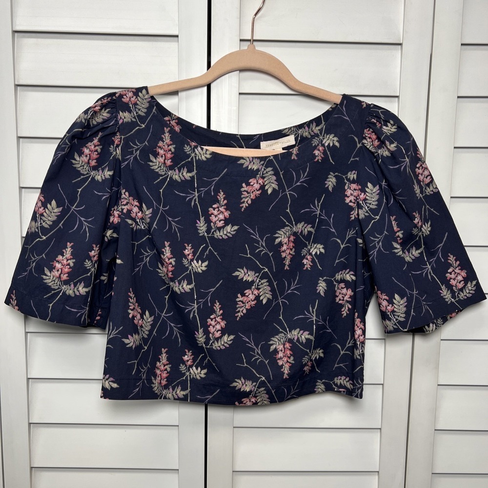 Rebecca Taylor Ivie Floral Tie Back Puff Sleeve Crop Top Size Small Navy